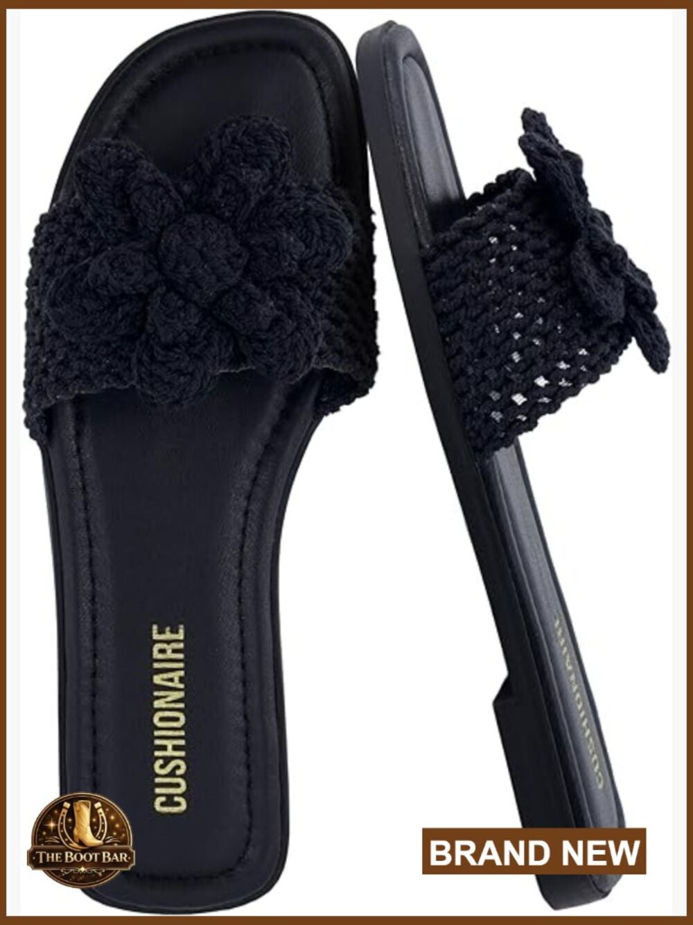Woven Knit Square Toe Slide Sandals with Flower Detail - Memory Foam